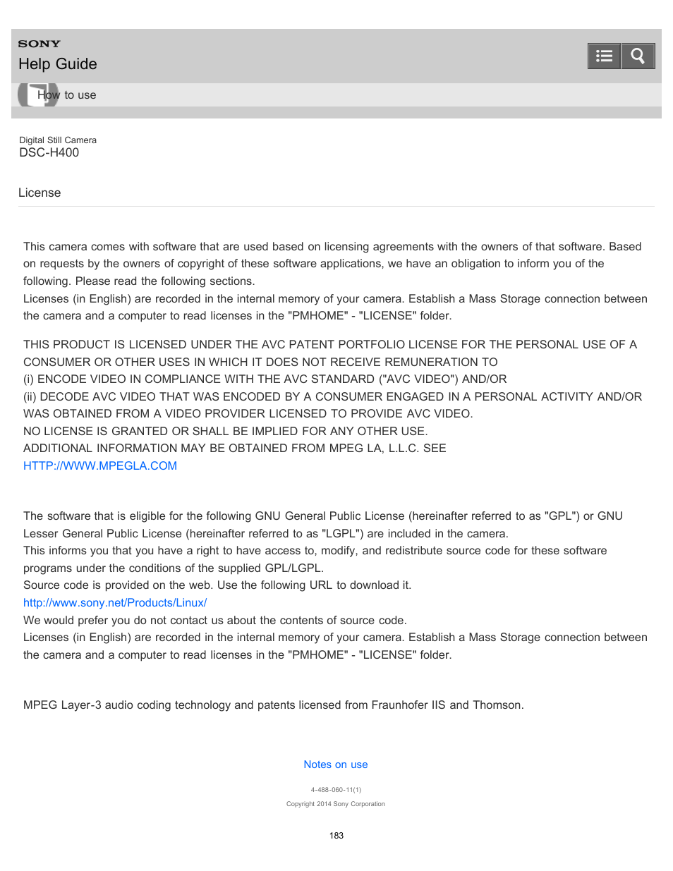 License, Help guide | Sony DSC-H400 User Manual | Page 187 / 238