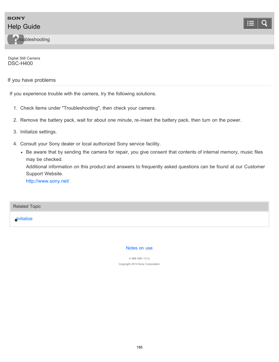 If you have problems, Help guide | Sony DSC-H400 User Manual | Page 189 / 238