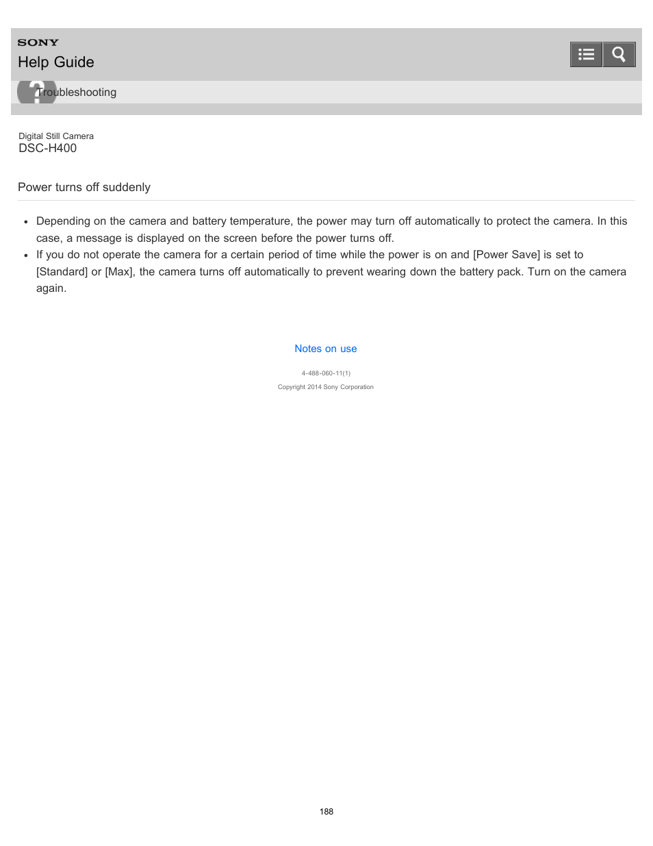 Power turns off suddenly, Help guide | Sony DSC-H400 User Manual | Page 192 / 238
