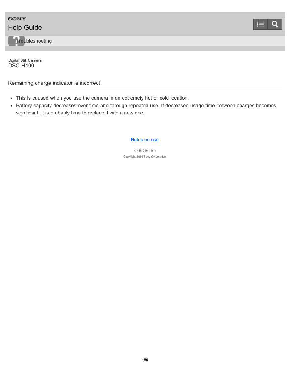 Remaining charge indicator is incorrect, Help guide | Sony DSC-H400 User Manual | Page 193 / 238