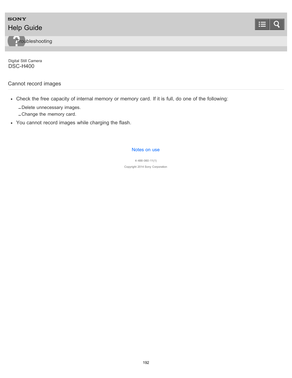Cannot record images, Help guide | Sony DSC-H400 User Manual | Page 196 / 238