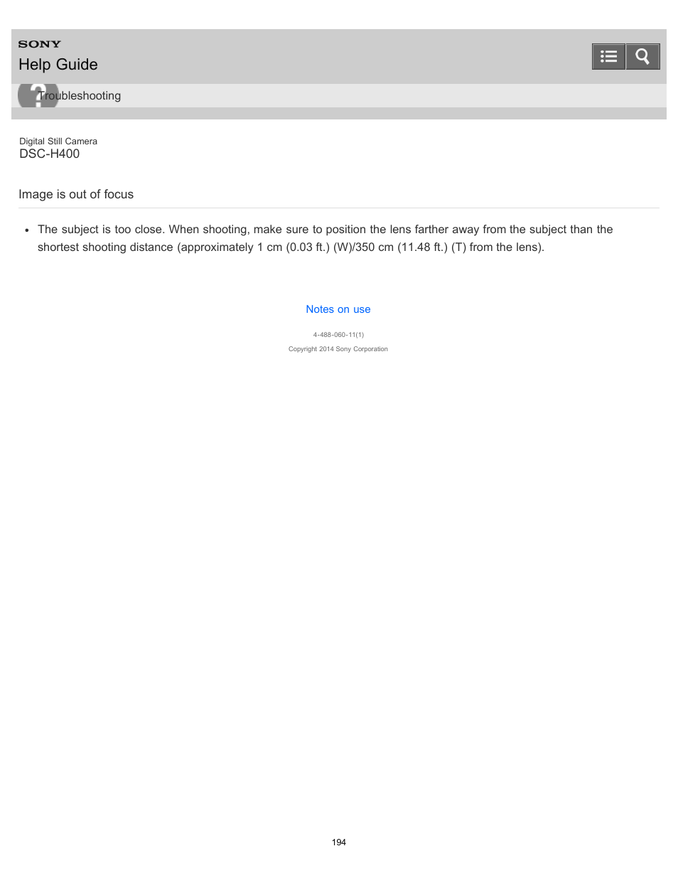 Image is out of focus, Help guide | Sony DSC-H400 User Manual | Page 198 / 238
