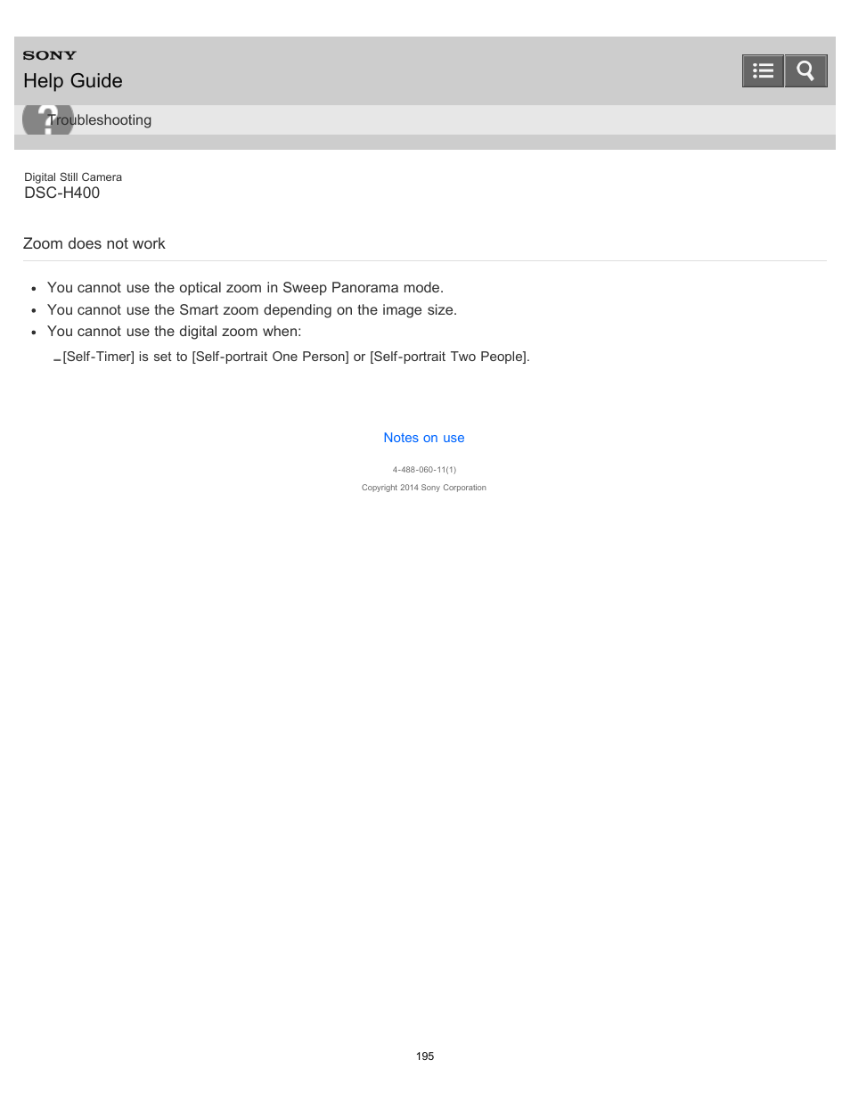 Zoom does not work, Help guide | Sony DSC-H400 User Manual | Page 199 / 238