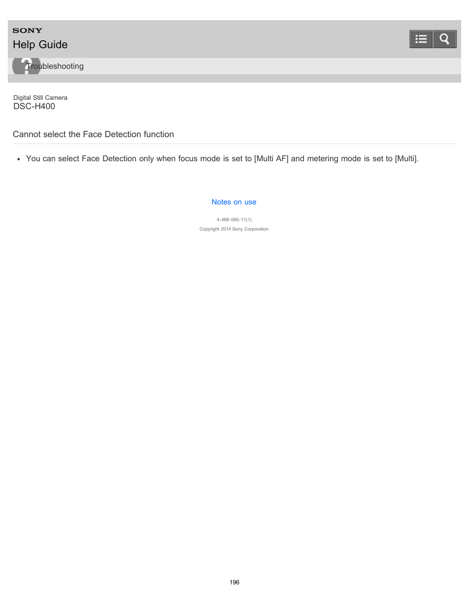 Cannot select the face detection function, Help guide | Sony DSC-H400 User Manual | Page 200 / 238