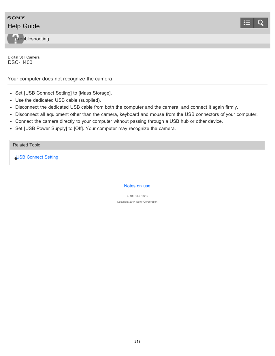 Your computer does not recognize the camera, Help guide | Sony DSC-H400 User Manual | Page 217 / 238