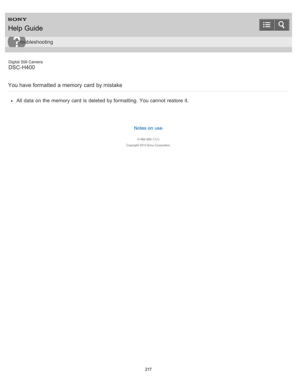 You have formatted a memory card by mistake, Help guide | Sony DSC-H400 User Manual | Page 221 / 238