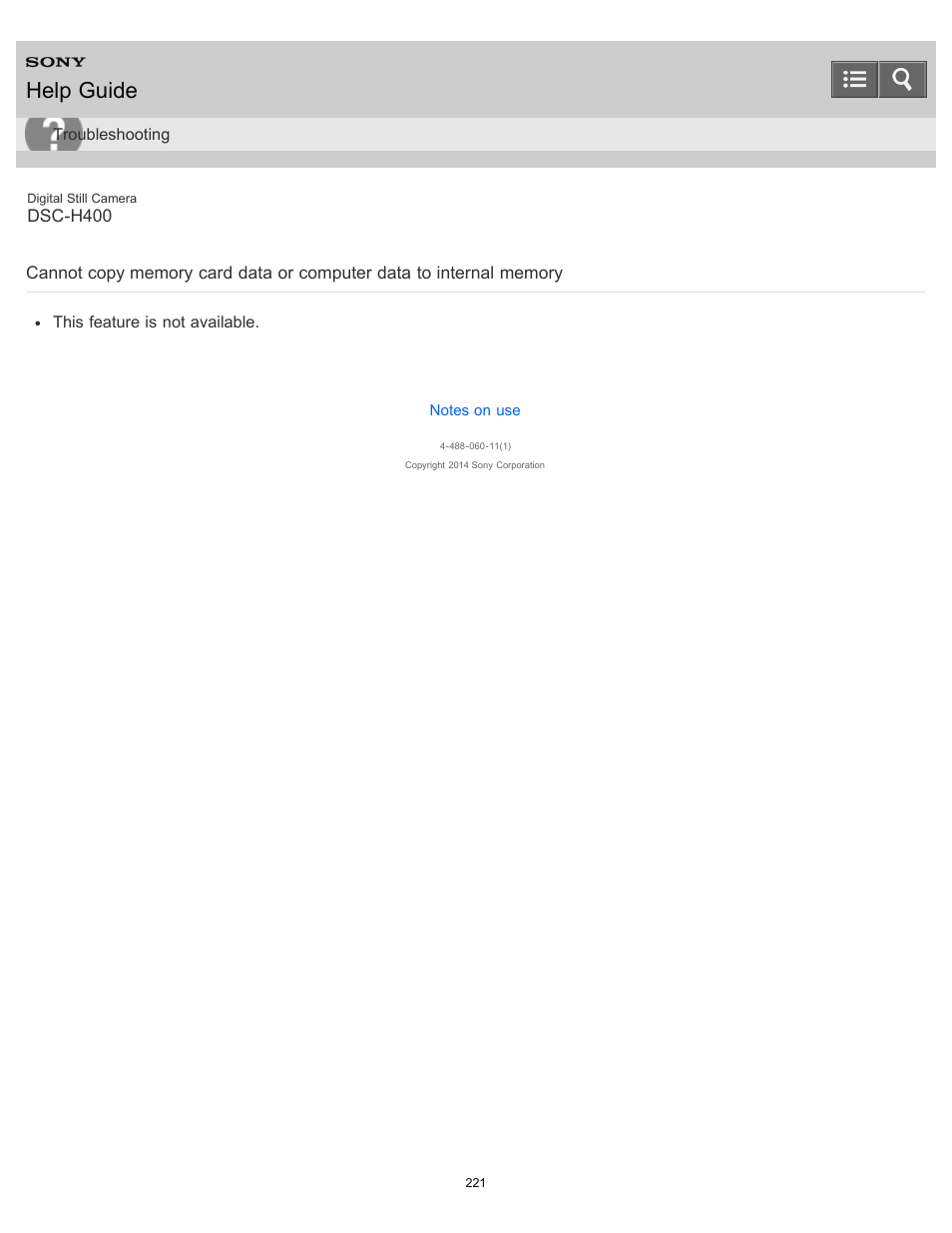 Help guide | Sony DSC-H400 User Manual | Page 225 / 238