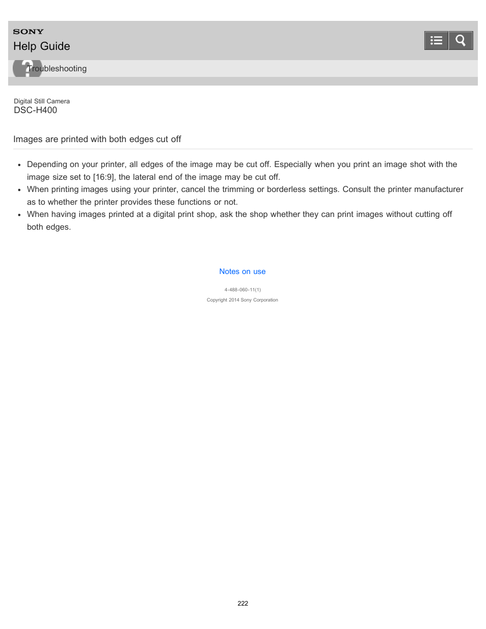 Images are printed with both edges cut off, Help guide | Sony DSC-H400 User Manual | Page 226 / 238