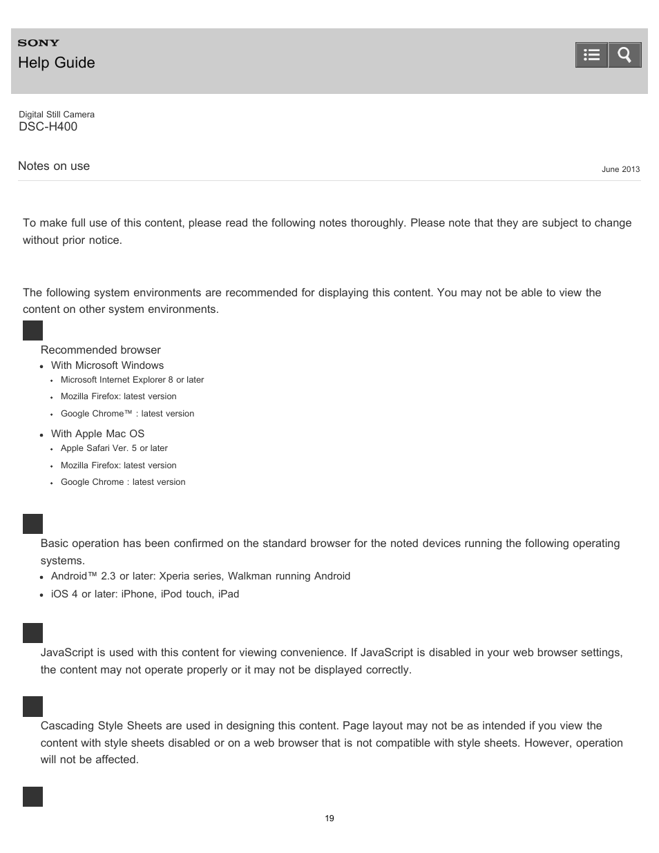 Notes on use, Help guide | Sony DSC-H400 User Manual | Page 23 / 238