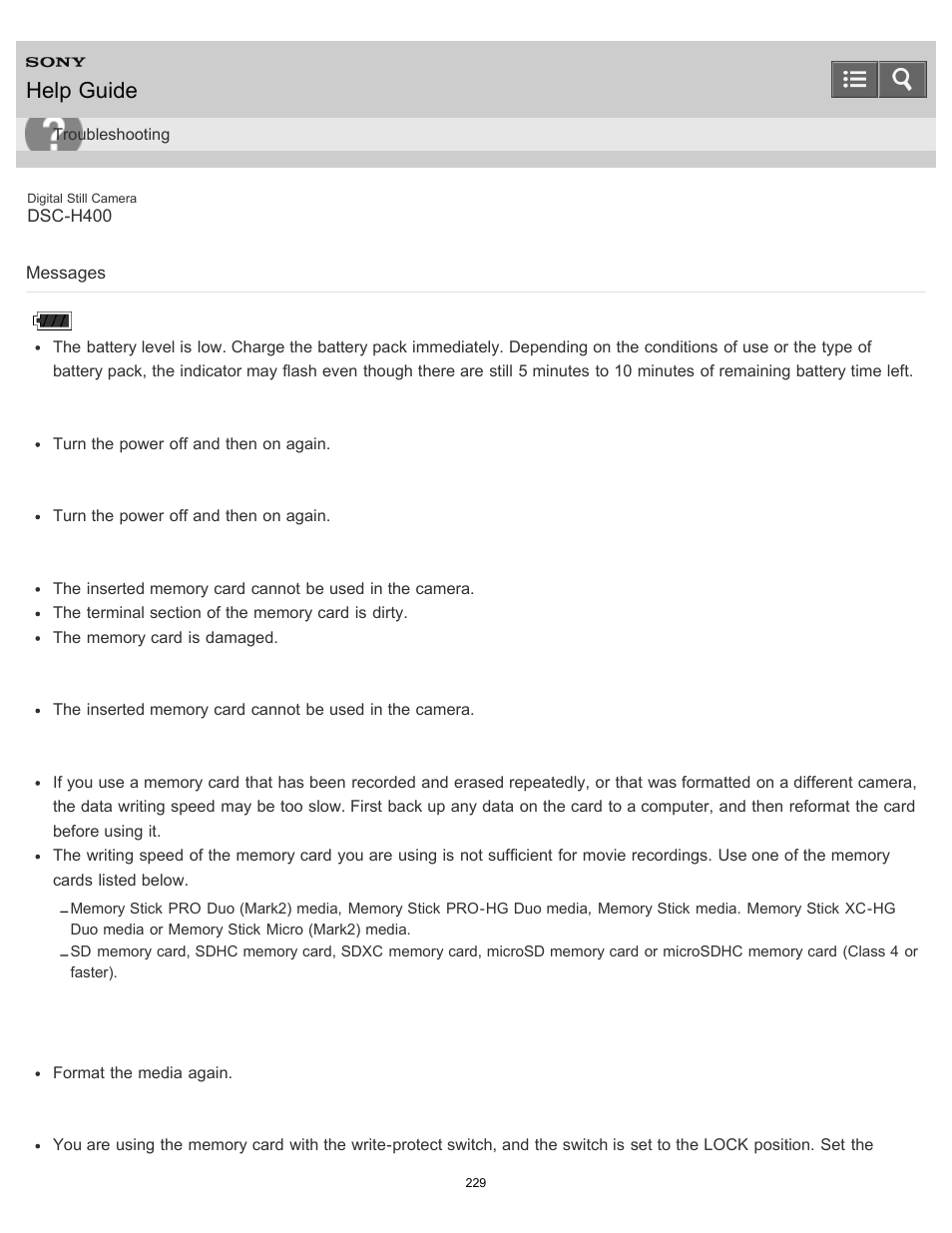 Messages, Help guide | Sony DSC-H400 User Manual | Page 233 / 238