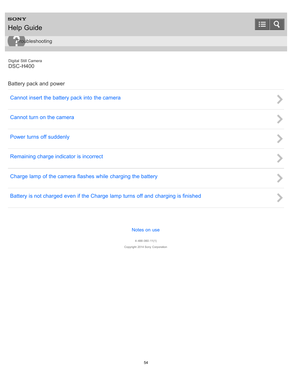 Battery pack and power, Help guide | Sony DSC-H400 User Manual | Page 58 / 238