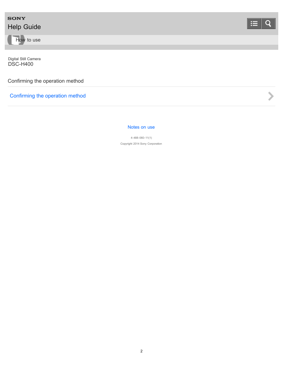 Confirming the operation method, Help guide | Sony DSC-H400 User Manual | Page 6 / 238