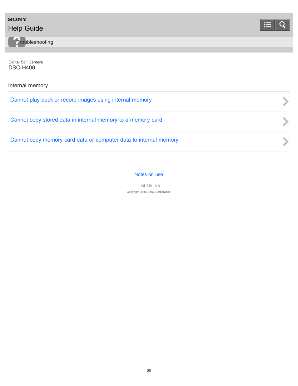 Internal memory, Help guide | Sony DSC-H400 User Manual | Page 64 / 238