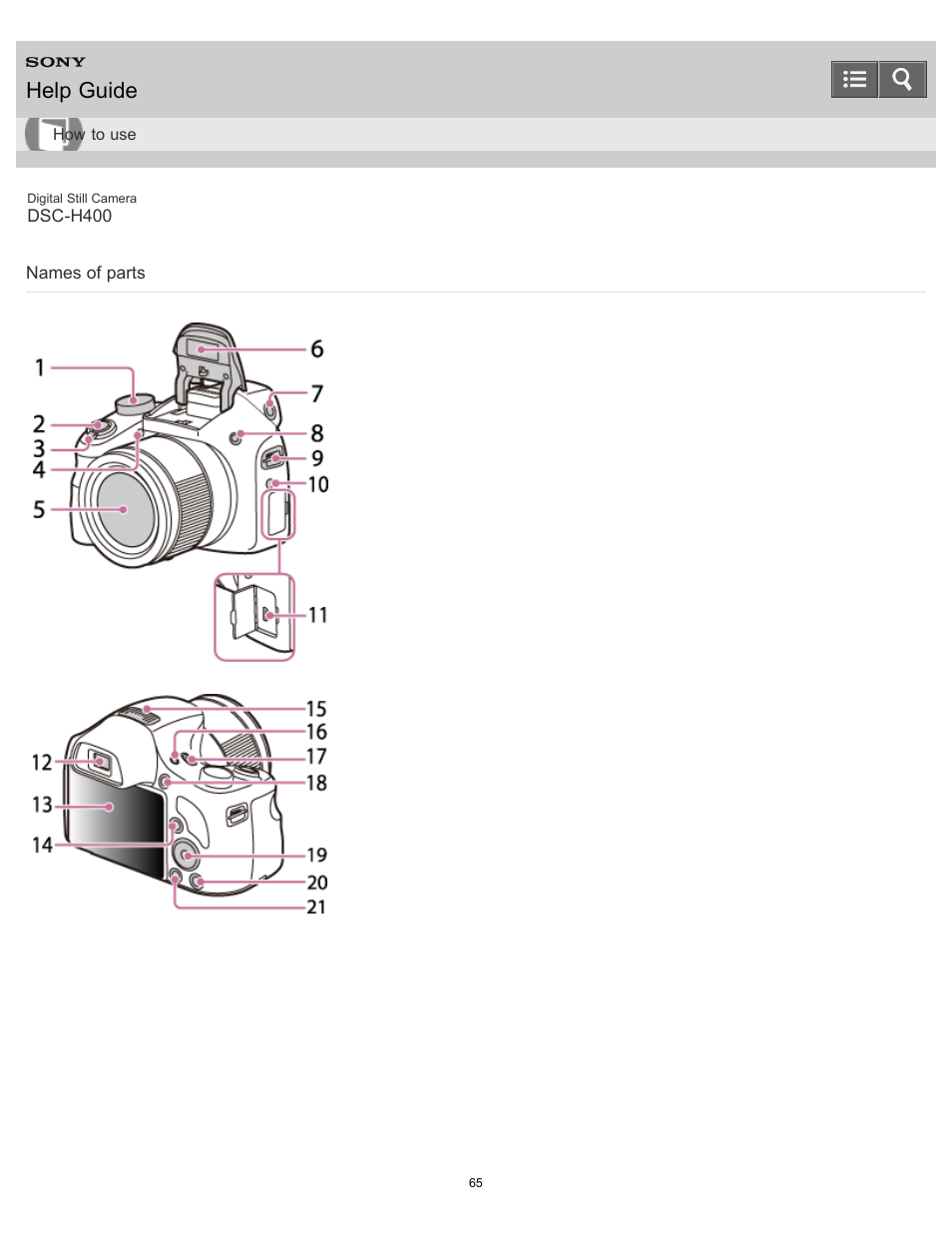 Names of parts, Help guide | Sony DSC-H400 User Manual | Page 69 / 238