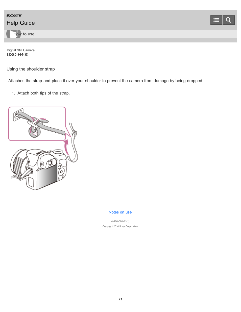 Using the shoulder strap, Help guide | Sony DSC-H400 User Manual | Page 75 / 238