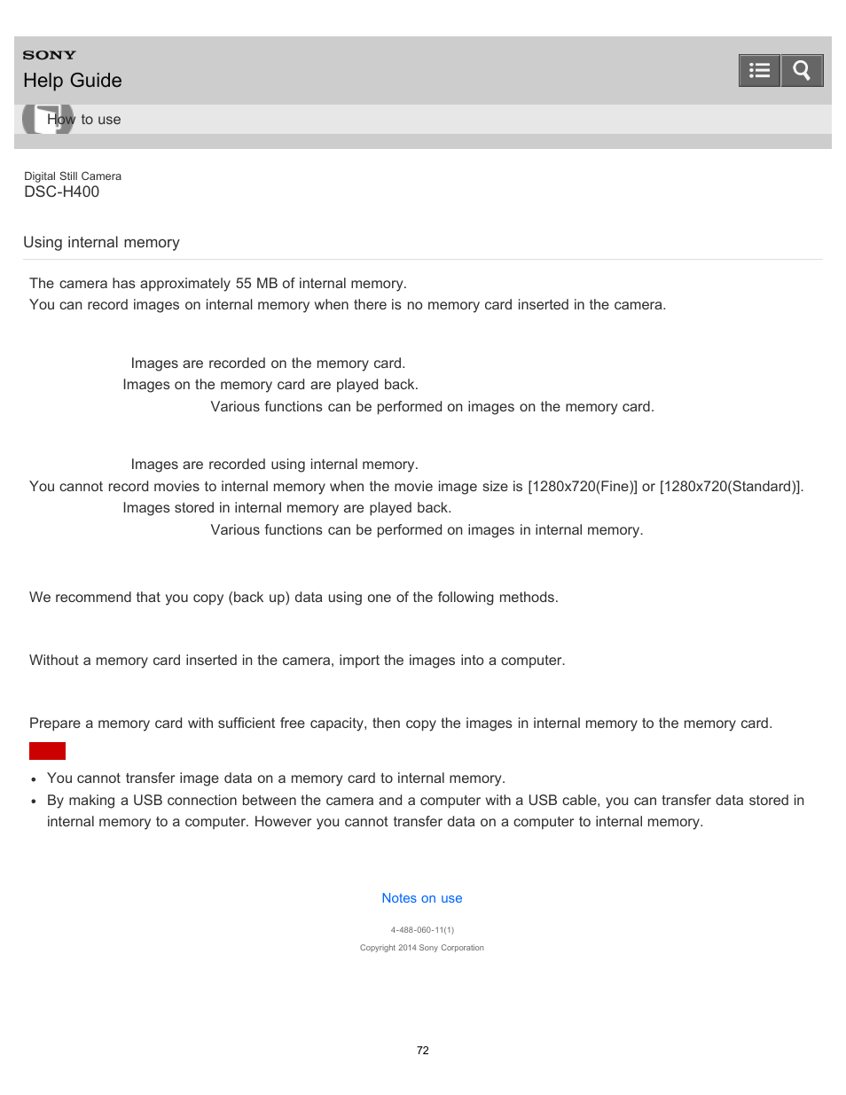 Using internal memory, Help guide | Sony DSC-H400 User Manual | Page 76 / 238
