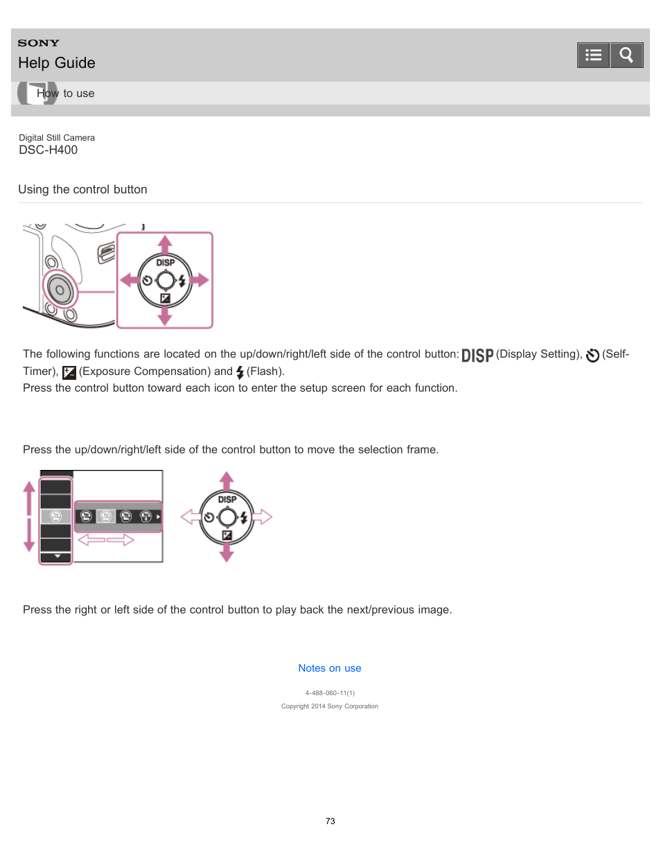 Using the control button, Help guide, Moving the selection frame on the menu screen, etc | Selecting an image to be played back | Sony DSC-H400 User Manual | Page 77 / 238
