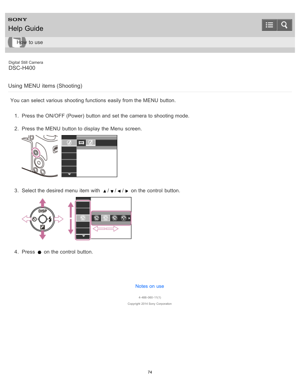 Using menu items (shooting), Help guide | Sony DSC-H400 User Manual | Page 78 / 238