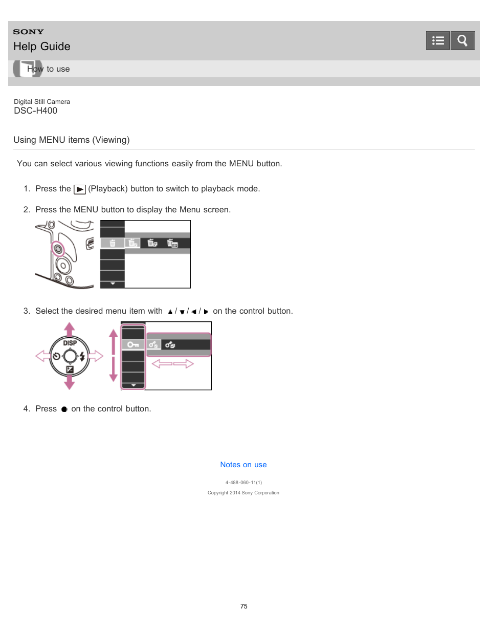 Using menu items (viewing), Help guide | Sony DSC-H400 User Manual | Page 79 / 238