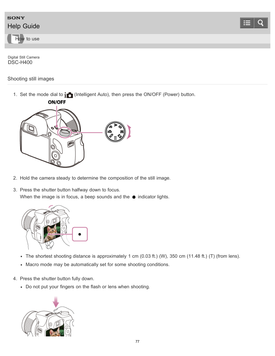 Shooting still images, Help guide | Sony DSC-H400 User Manual | Page 81 / 238