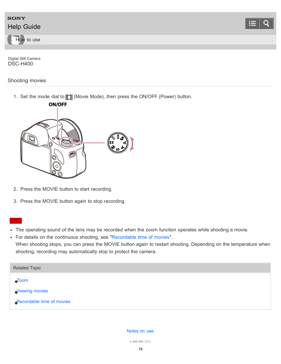 Shooting movies, Help guide | Sony DSC-H400 User Manual | Page 83 / 238