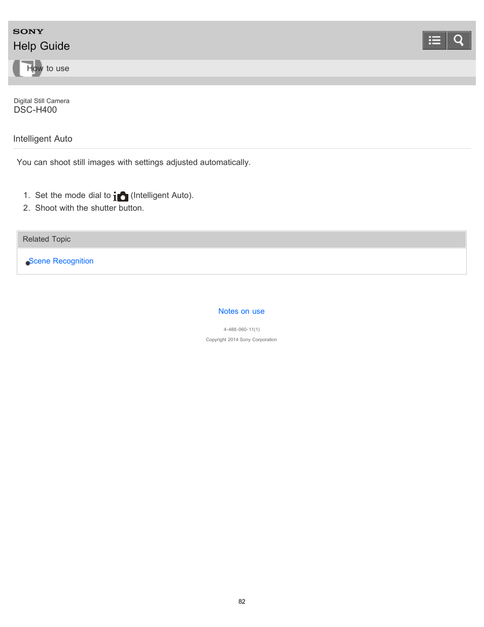 Intelligent auto, Help guide | Sony DSC-H400 User Manual | Page 86 / 238