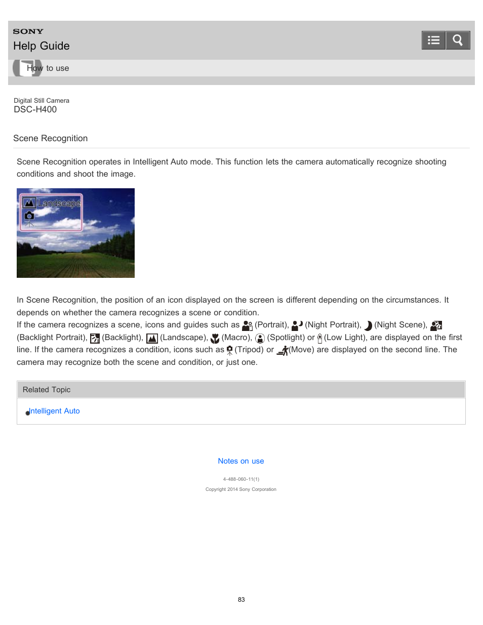Scene recognition, Help guide | Sony DSC-H400 User Manual | Page 87 / 238