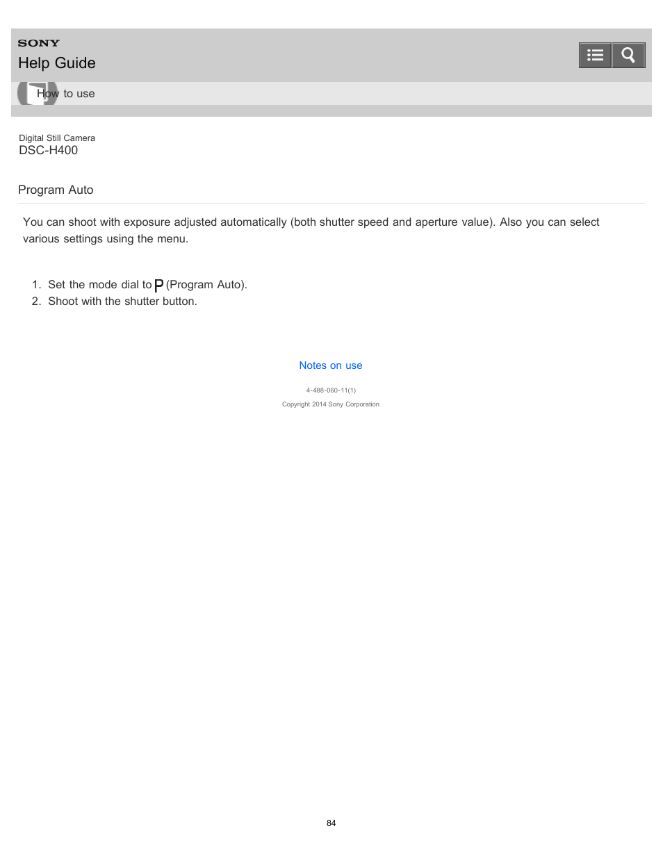 Program auto, Help guide | Sony DSC-H400 User Manual | Page 88 / 238