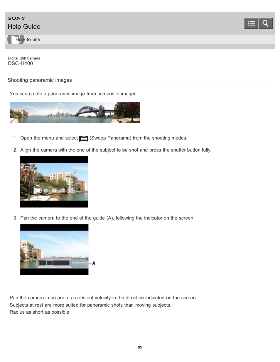 Shooting panoramic images, Help guide | Sony DSC-H400 User Manual | Page 89 / 238