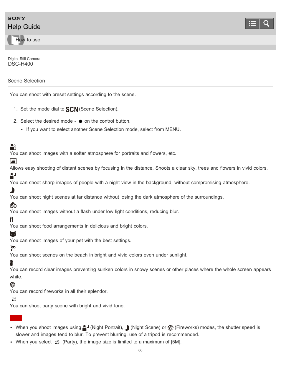 Scene selection, Help guide | Sony DSC-H400 User Manual | Page 92 / 238
