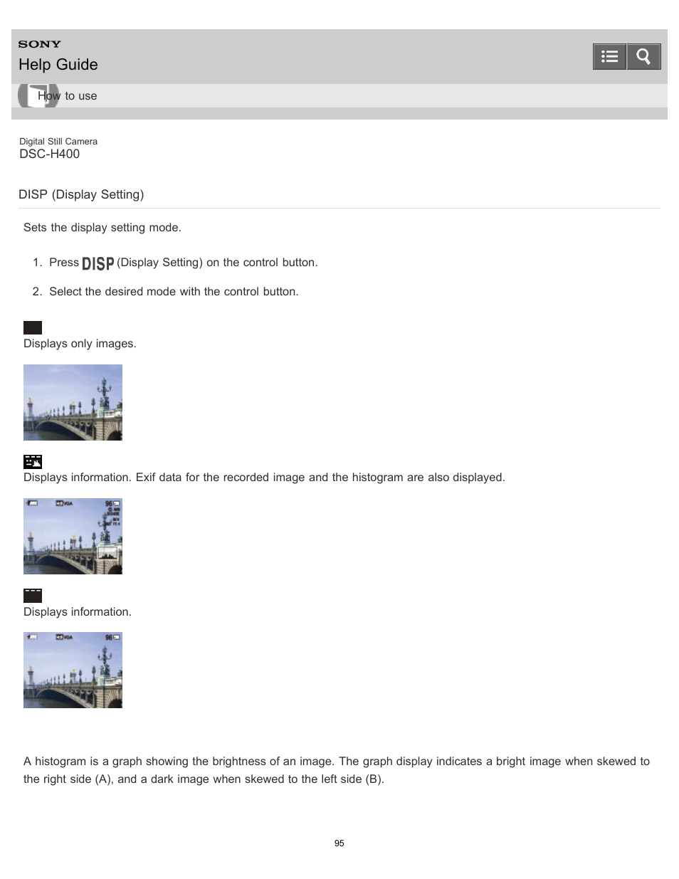 Disp (display setting), Help guide | Sony DSC-H400 User Manual | Page 99 / 238
