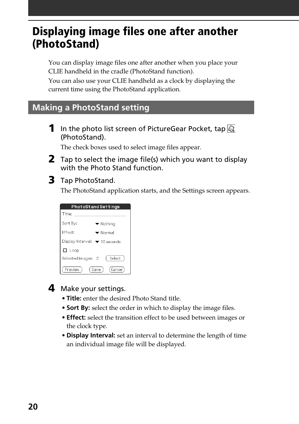 Making a photostand setting | Sony PEG-N610C User Manual | Page 20 / 50