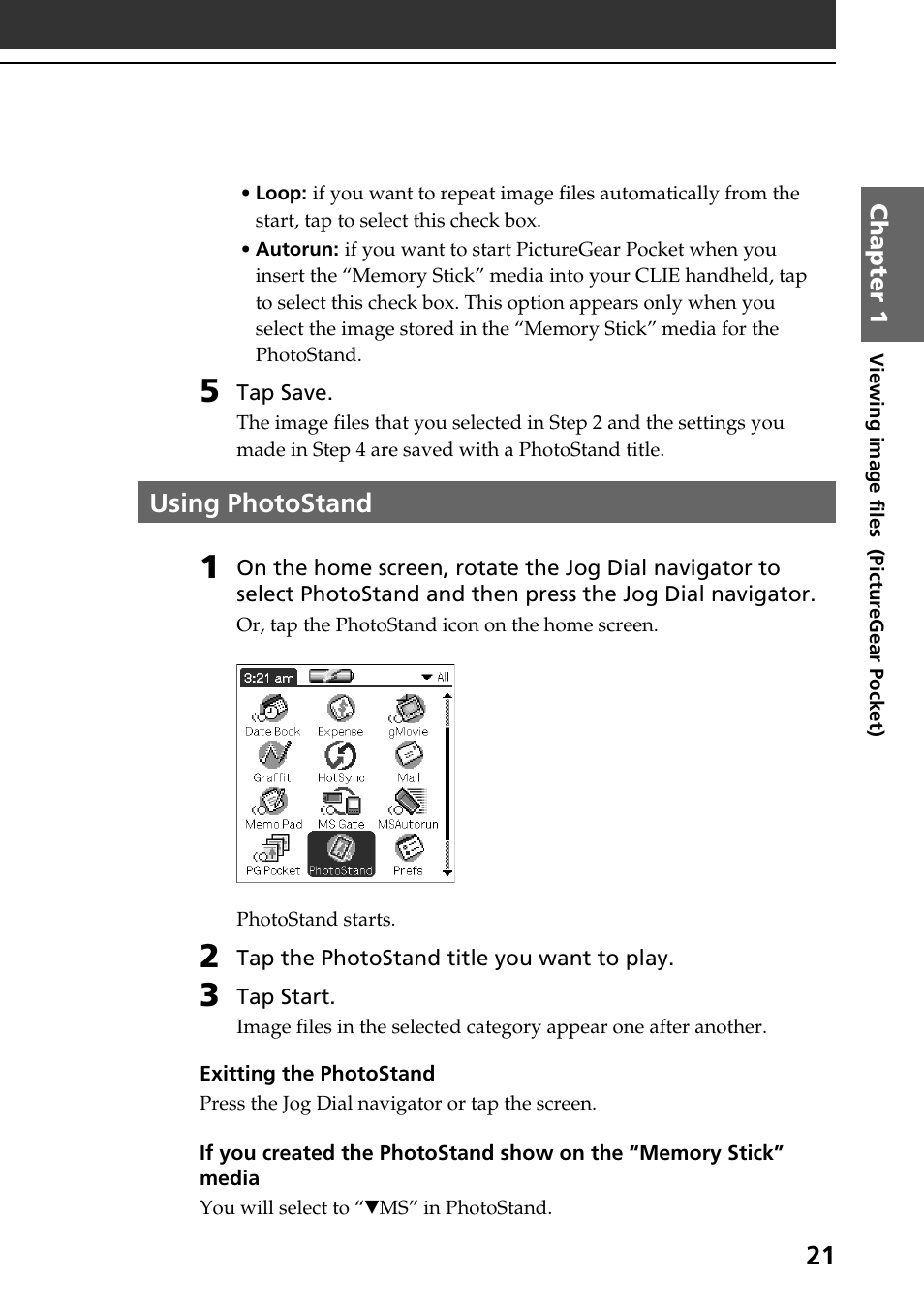 Using photostand | Sony PEG-N610C User Manual | Page 21 / 50