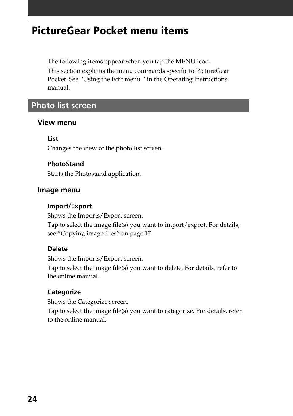 Picturegear pocket menu items, Photo list screen | Sony PEG-N610C User Manual | Page 24 / 50