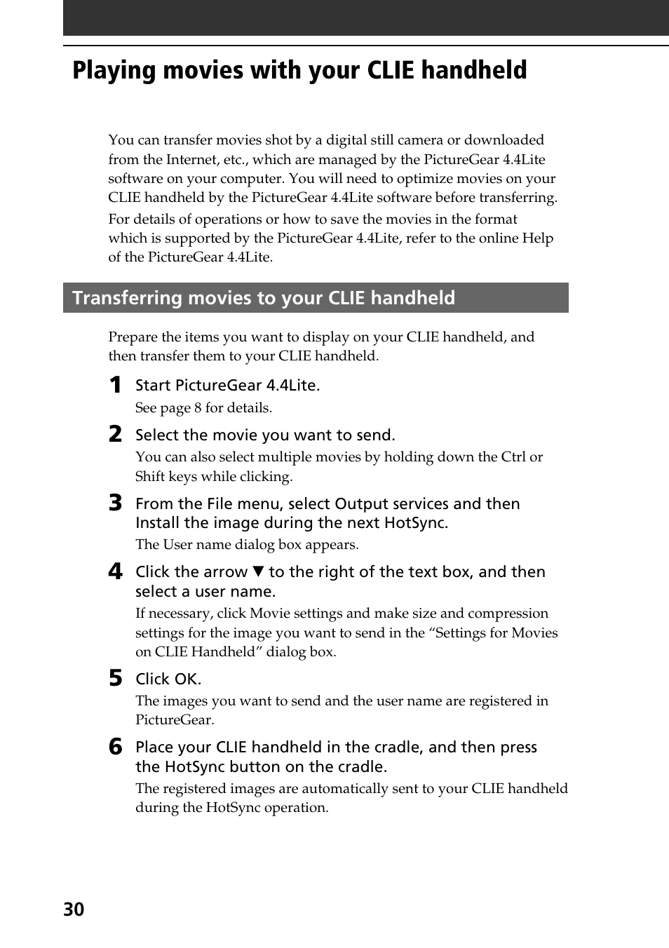 Playing movies with your clie handheld, Transferring movies to your clie handheld | Sony PEG-N610C User Manual | Page 30 / 50