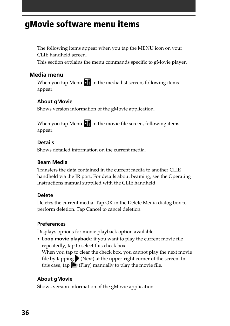 Gmovie software menu items | Sony PEG-N610C User Manual | Page 36 / 50