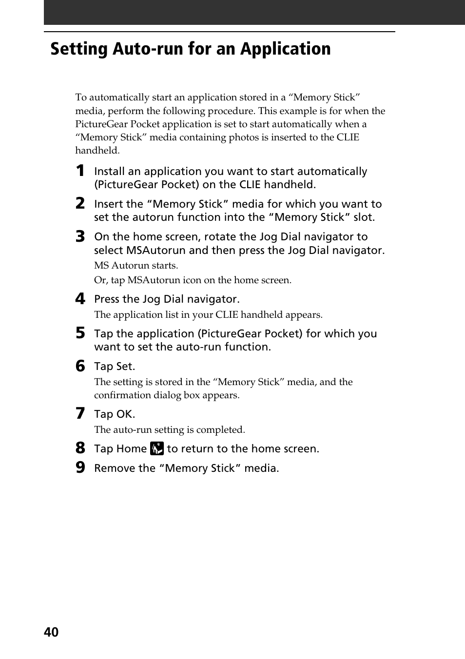 Setting auto-run for an application, Setting auto-run for an application . 40 | Sony PEG-N610C User Manual | Page 40 / 50