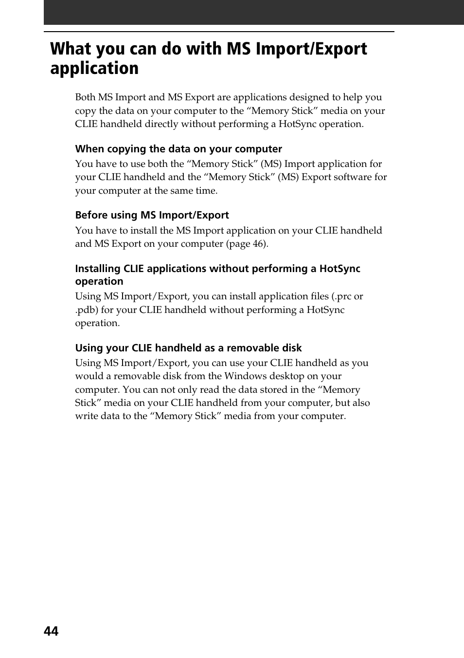 What you can do with ms import/export application, What you can do with ms import/ export application | Sony PEG-N610C User Manual | Page 44 / 50