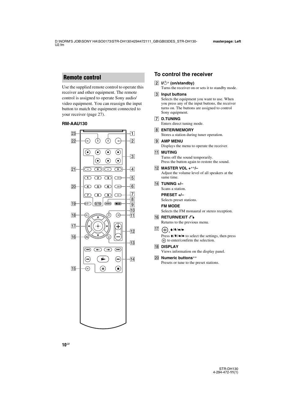 Remote control | Sony STR-DH130 User Manual | Page 10 / 36