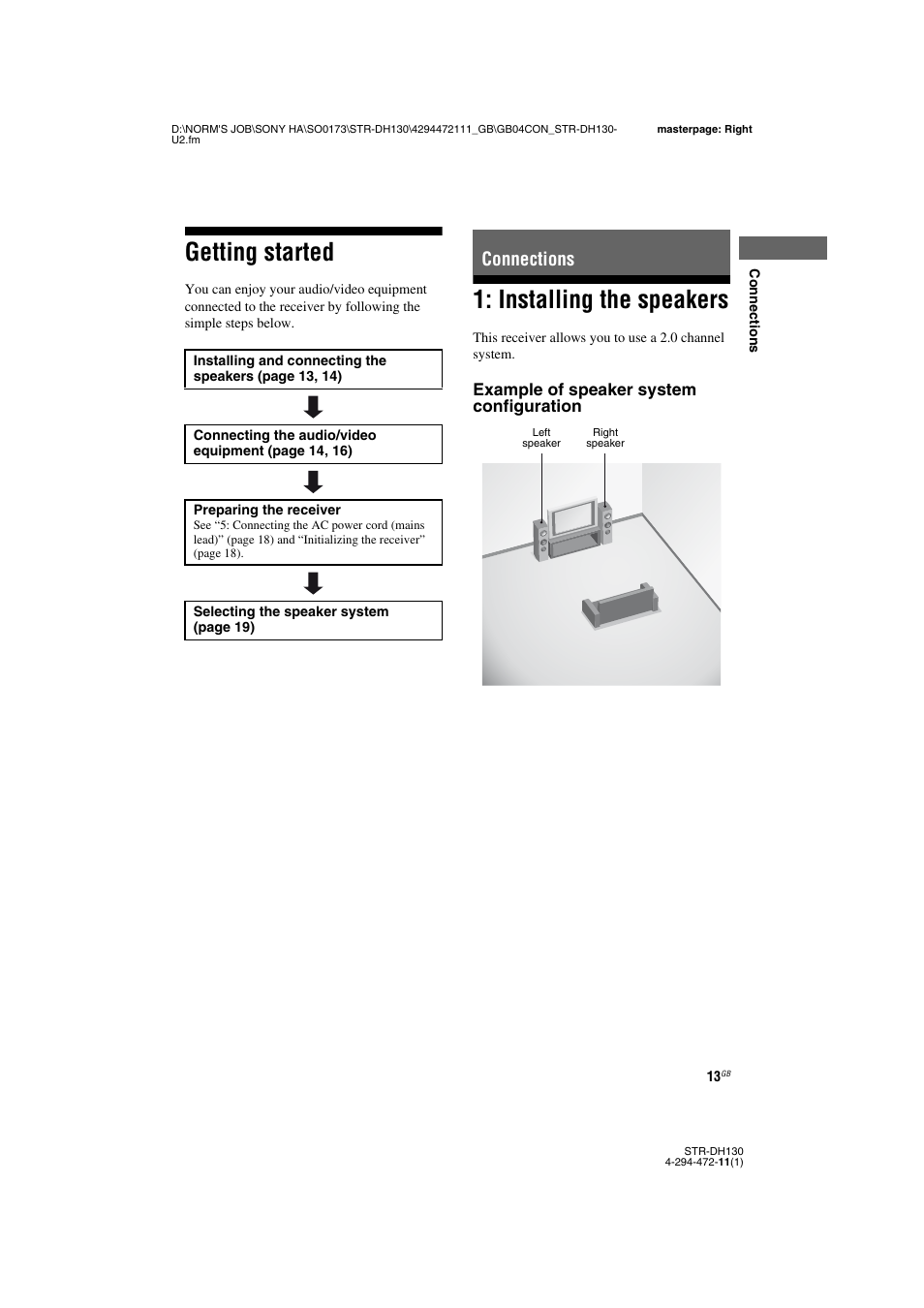 Getting started, Connections, Installing the speakers | Sony STR-DH130 User Manual | Page 13 / 36