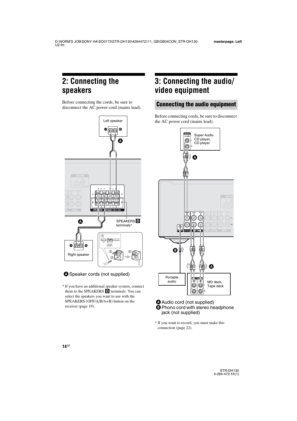 Connecting the speakers, Connecting the audio/ video equipment, E 14 | Connecting the audio equipment | Sony STR-DH130 User Manual | Page 14 / 36