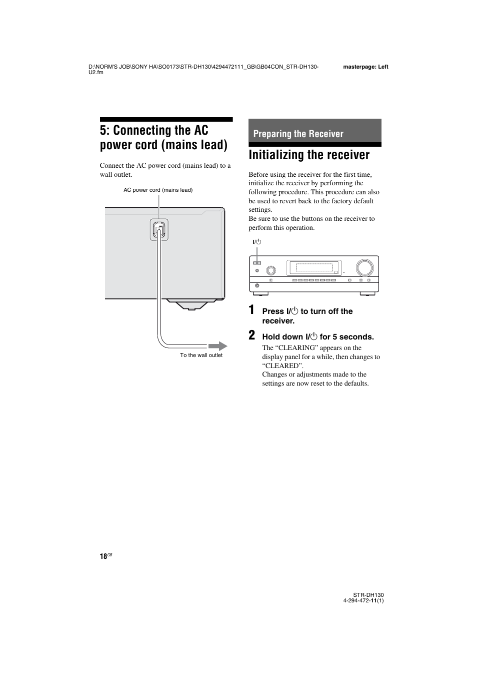 Connecting the ac power cord (mains lead), Preparing the receiver, Initializing the receiver | Connecting the ac power cord, Mains lead), E 18 | Sony STR-DH130 User Manual | Page 18 / 36