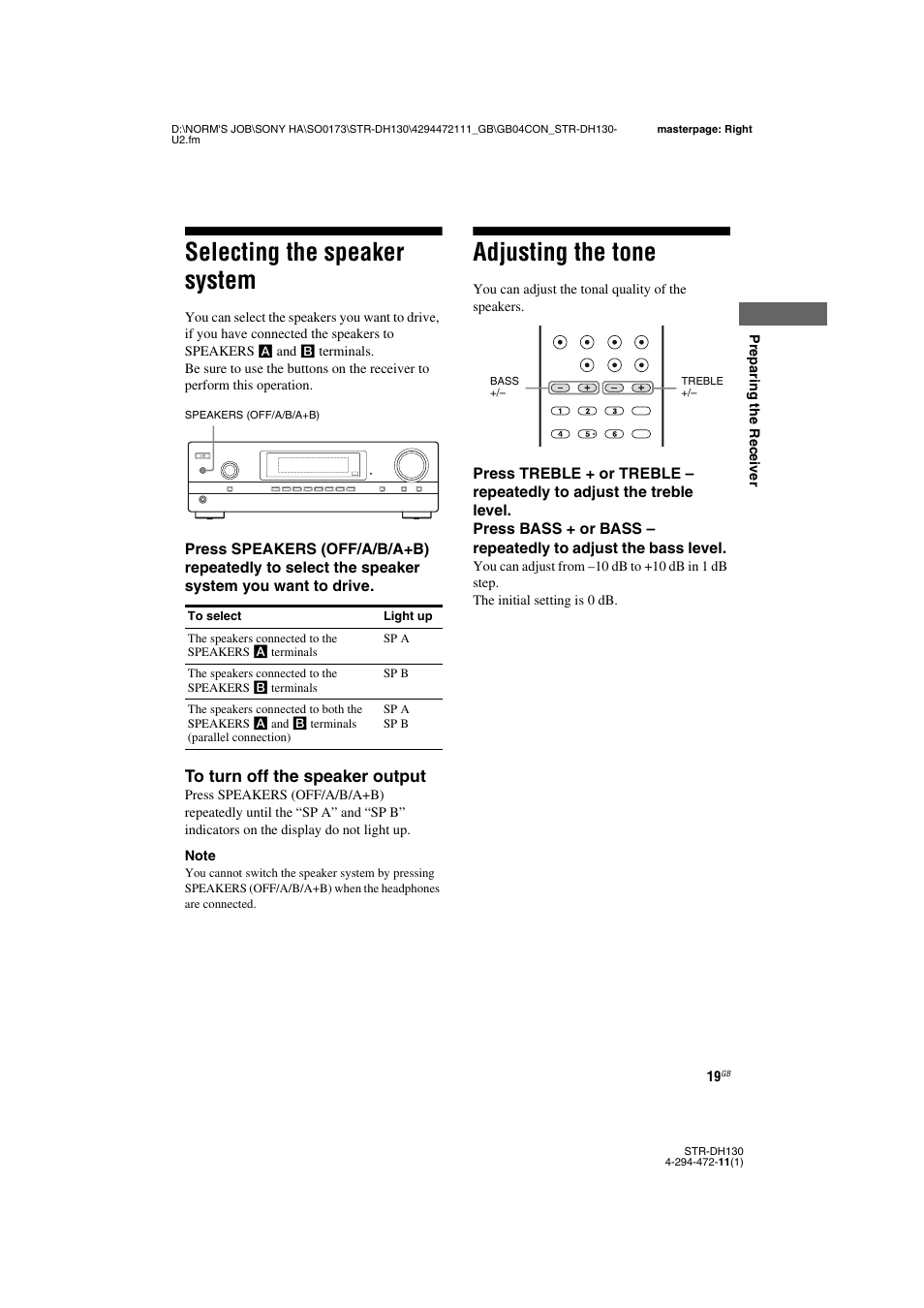 Selecting the speaker system, Adjusting the tone, Selecting the speaker system adjusting the tone | Sony STR-DH130 User Manual | Page 19 / 36