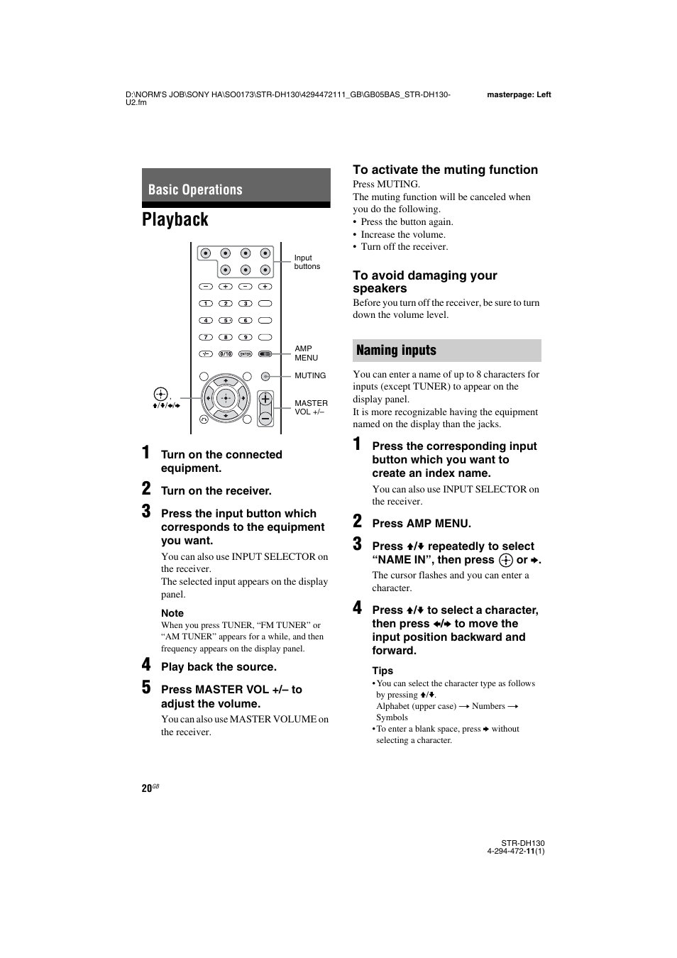 Basic operations, Playback, E 20, 22 | Playback 1, Naming inputs | Sony STR-DH130 User Manual | Page 20 / 36