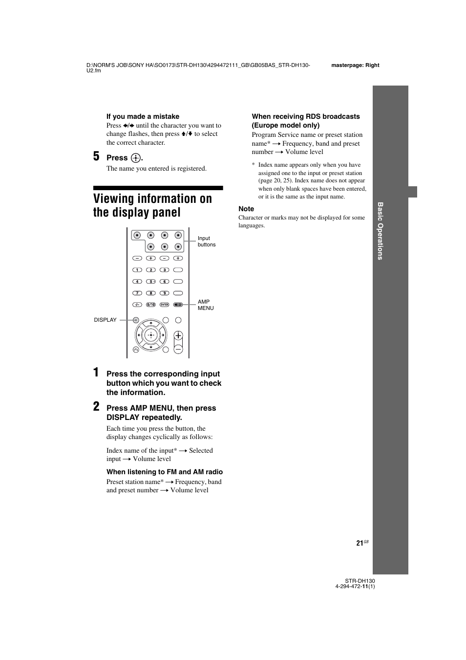 Viewing information on the display panel, Viewing information on the display, Panel | Viewing information on the display panel 1 | Sony STR-DH130 User Manual | Page 21 / 36