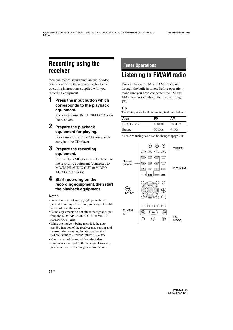 Recording using the receiver, Tuner operations, Listening to fm/am radio | Sony STR-DH130 User Manual | Page 22 / 36