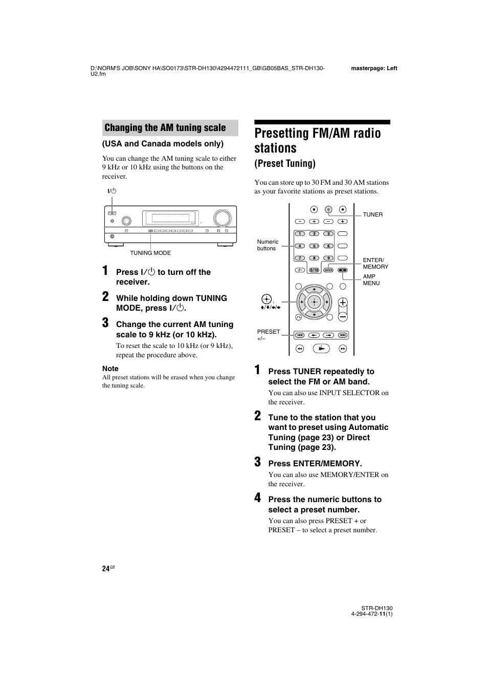 Presetting fm/am radio stations (preset tuning), Presetting fm/am radio stations, Preset tuning) | Sony STR-DH130 User Manual | Page 24 / 36