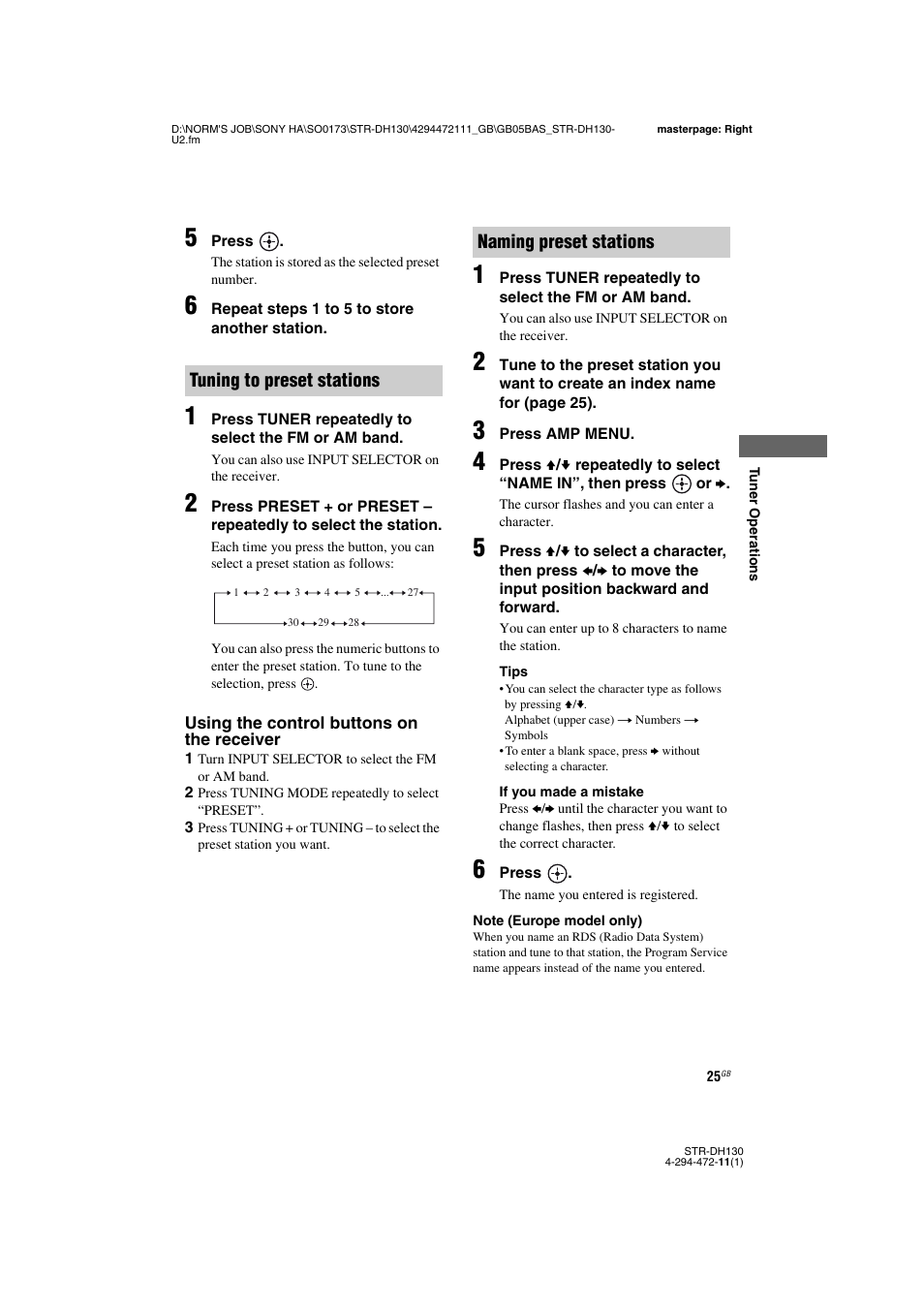 E 23, 25, Tuning to preset stations, Naming preset stations | Sony STR-DH130 User Manual | Page 25 / 36