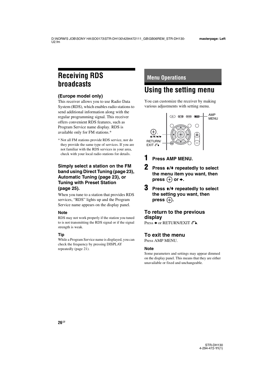 Receiving rds broadcasts, Menu operations, Using the setting menu | Europe model only) | Sony STR-DH130 User Manual | Page 26 / 36