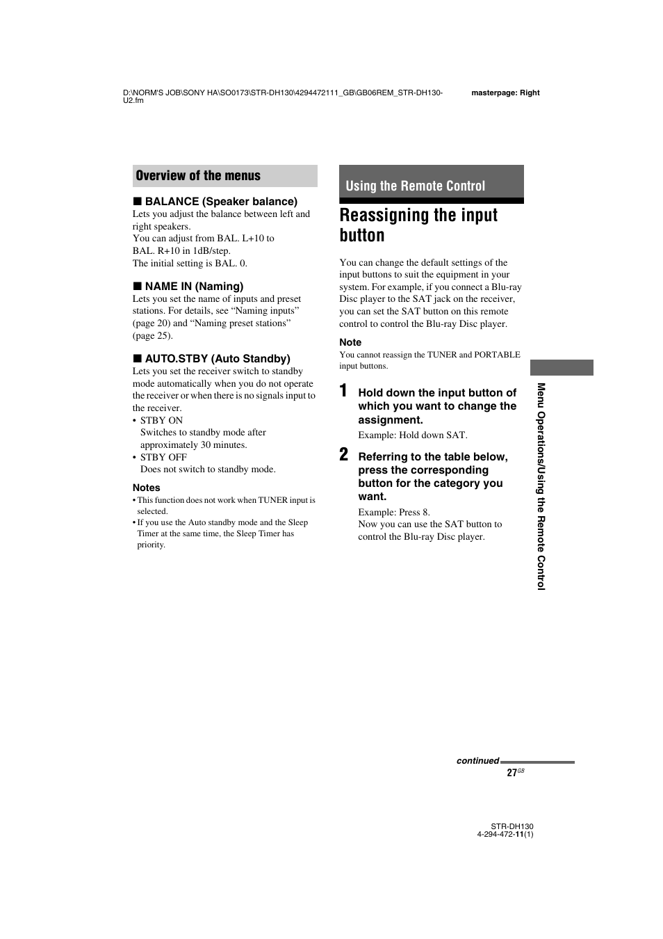 Using the remote control, Reassigning the input button, Overview of the menus using the remote control | Sony STR-DH130 User Manual | Page 27 / 36